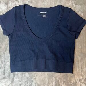 GARAGE Navy Blue Ribbed V Neck Cropped Short Sleeve Top Size Large